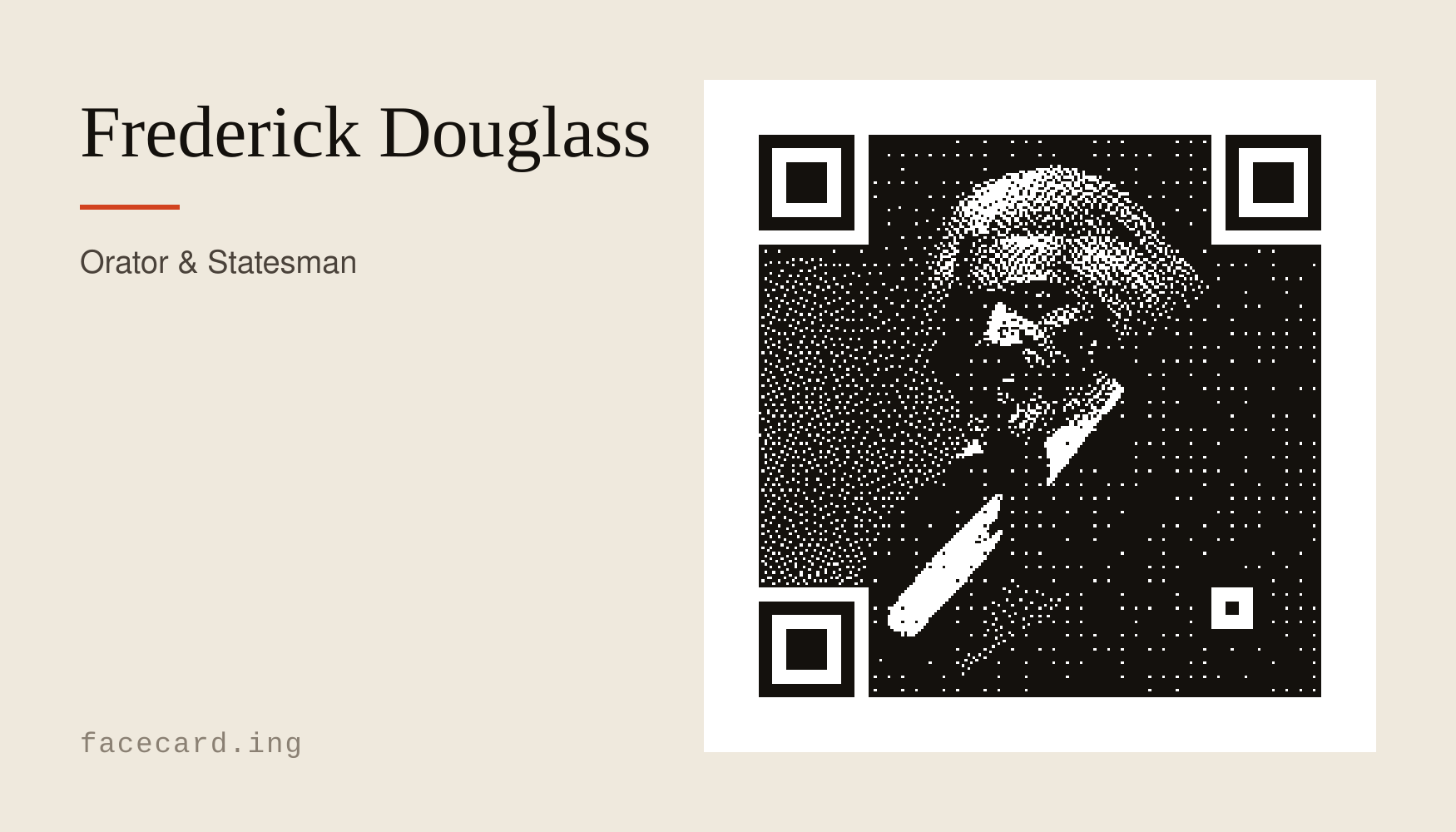 A business card with a QR code containing a dithered portrait of Frederick Douglass