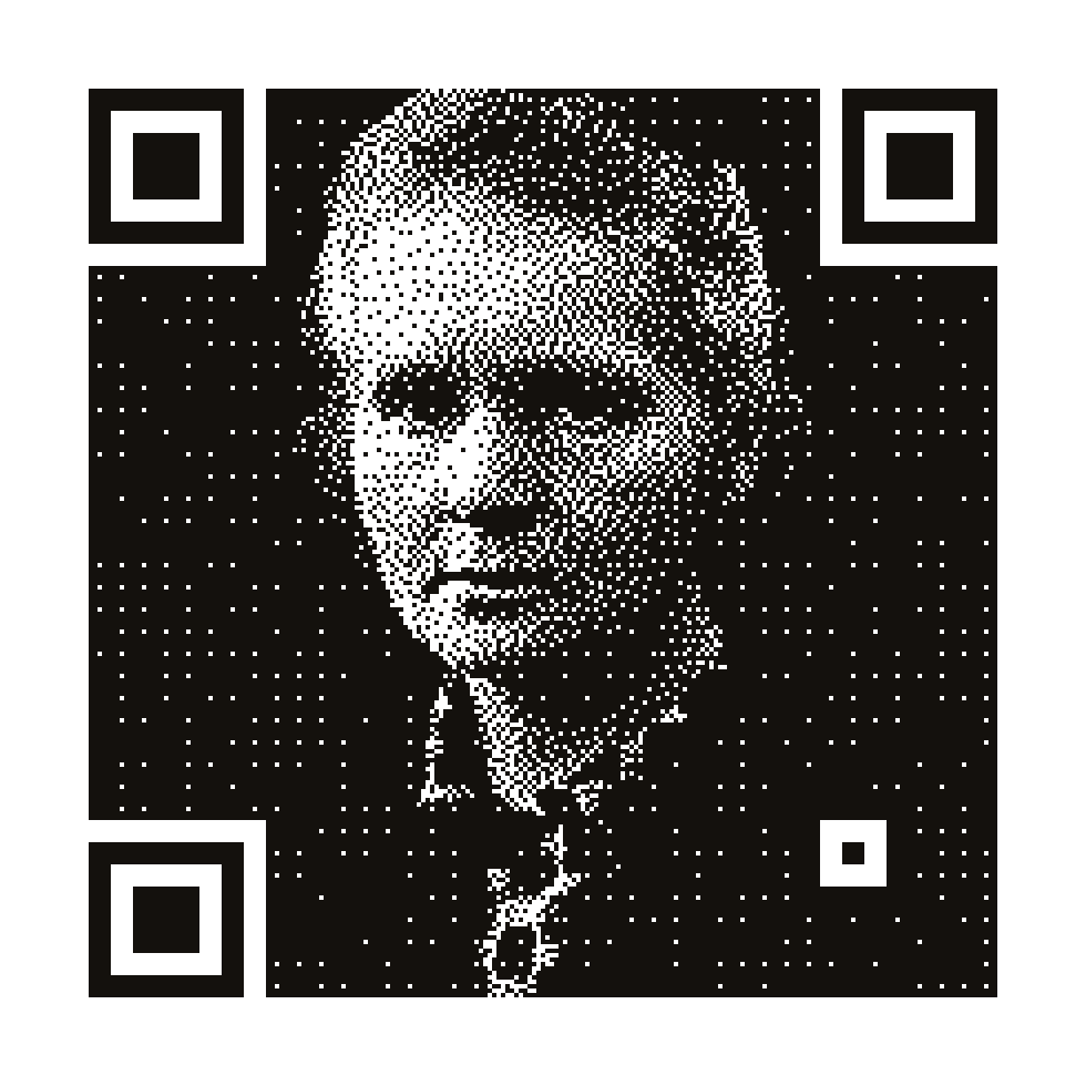 A scannable QR code with a 1-bit dithered portrait of Marie Curie rendered across it
